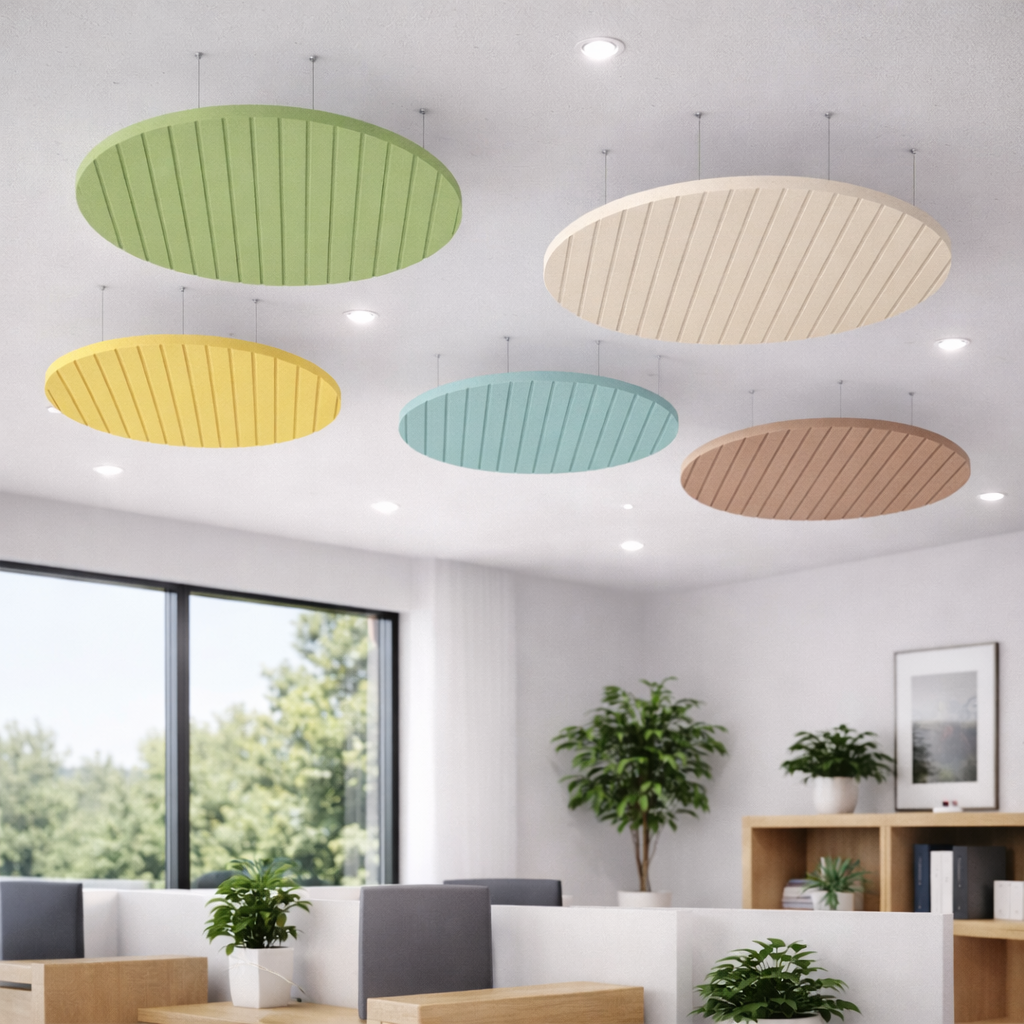 Round acoustic ceiling panels with slatted pattern in a modern office