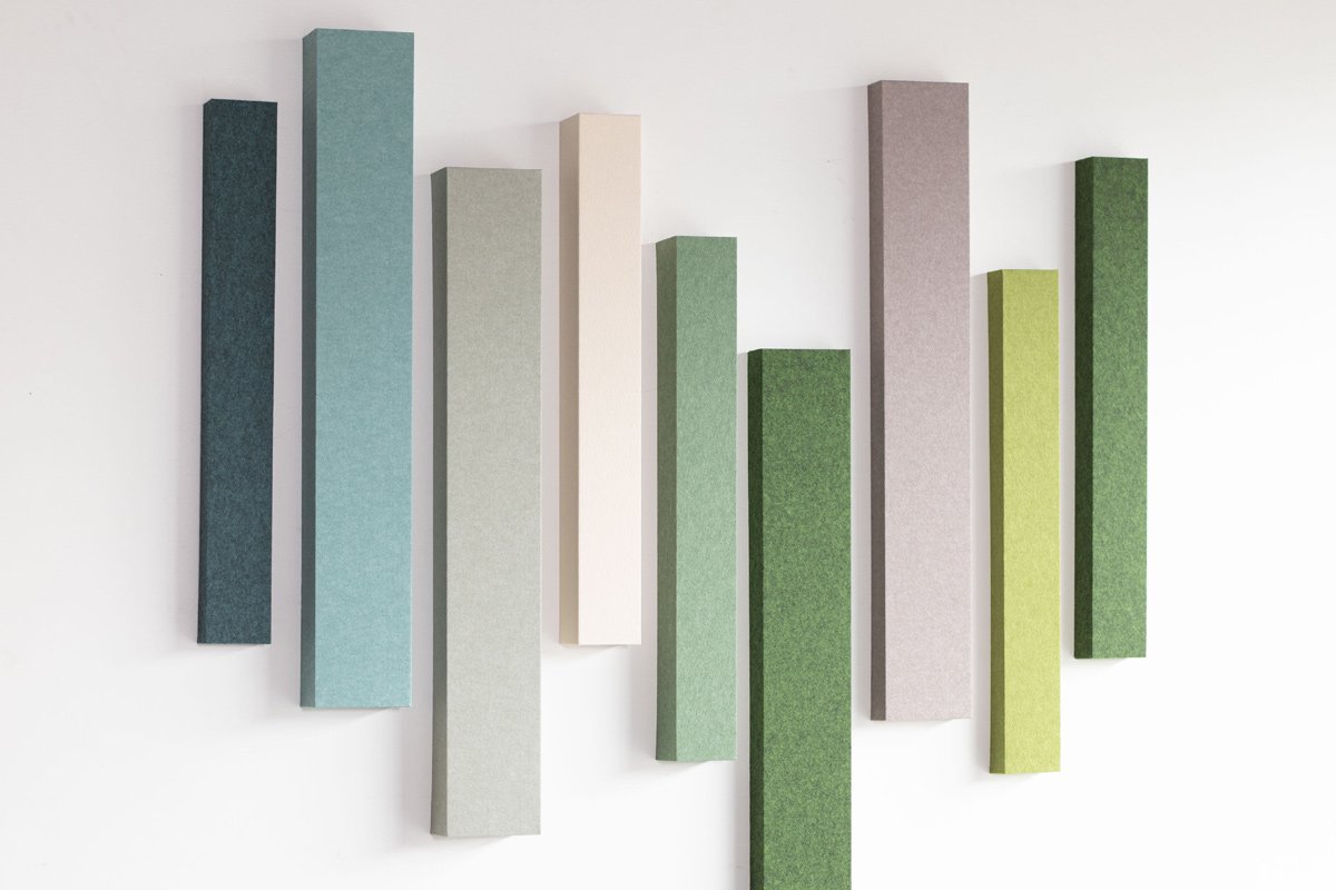 Professional Acoustic Wall Panels in various sizes and colors arranged as a modular acoustic wall composition for sound absorption and modern interiors