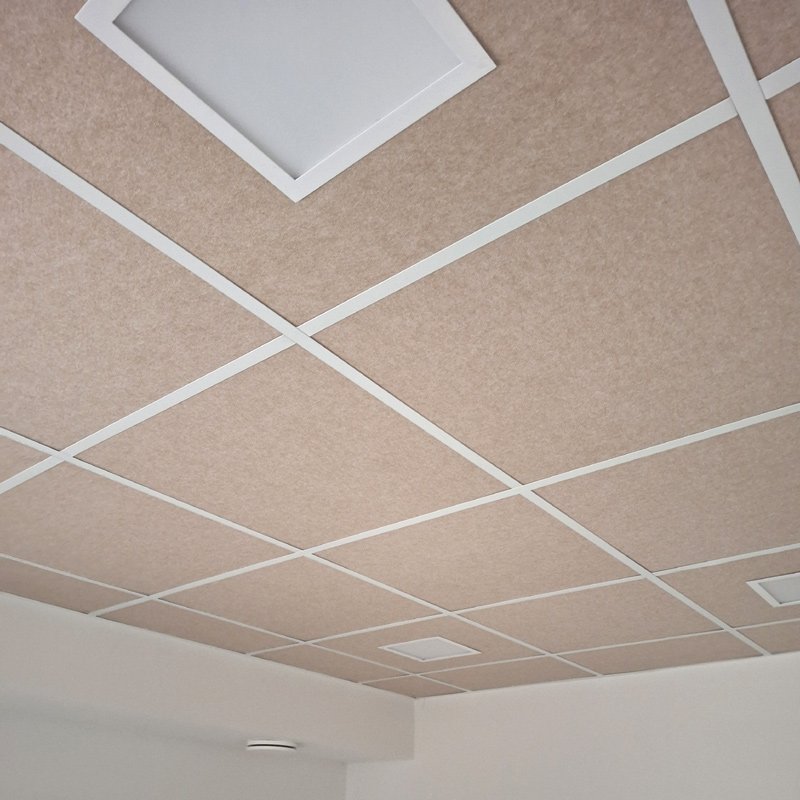 Suspended Ceiling Tiles installed in a standard 60 × 60 cm drop-in ceiling grid system, providing acoustic comfort and a clean modern appearance.