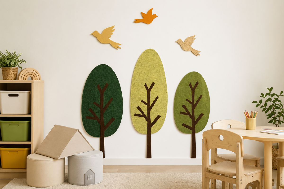 Educational felt wall panels with trees and birds in a children’s learning space